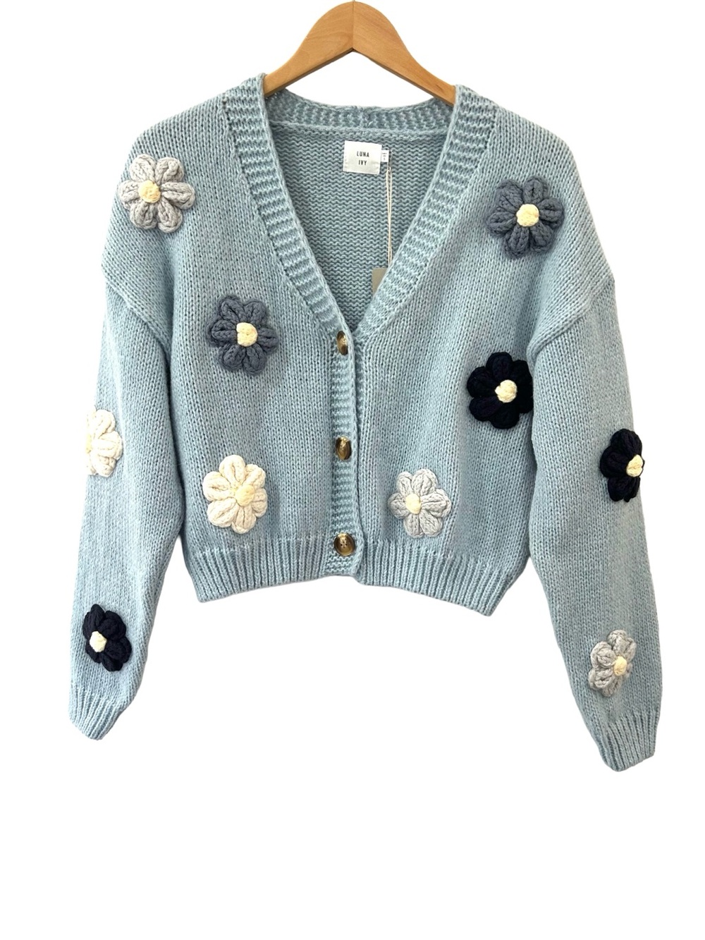Luna Ivy women’s chunky 3D flower Cardigan S blue oversized cropped NWT